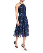 Floral-printed Laser-cut Halter Dress With Leaf-embroidery
