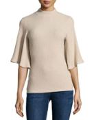 Flare-sleeve Ribbed Top, Beige