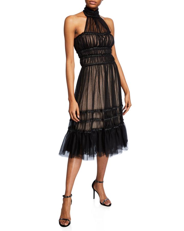 Ruffle Mesh Halter A-line Dress