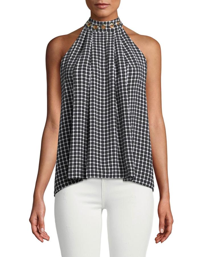 Mock-neck Grid Print Halter Blouse