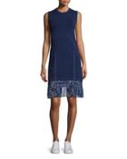 Sleeveless Knit Combo Dress W/ Bunny-print Chiffon Trim,