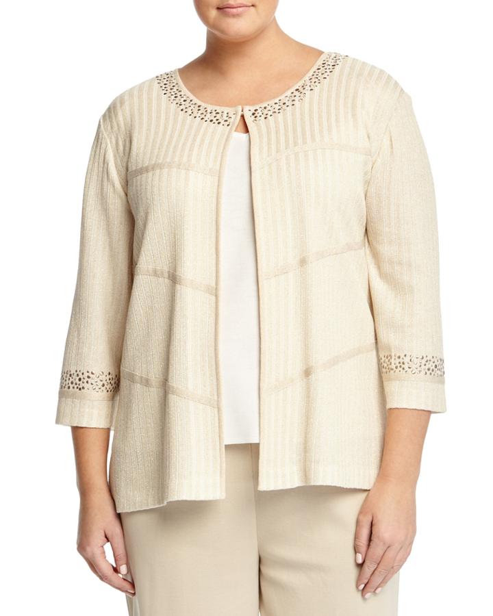 Ming Wang Plus Embellished Shimmer Stripe Jacket, White Gold, Women's,