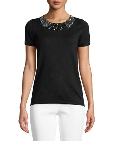 Rhinestone-neck Short-sleeve Knit Top