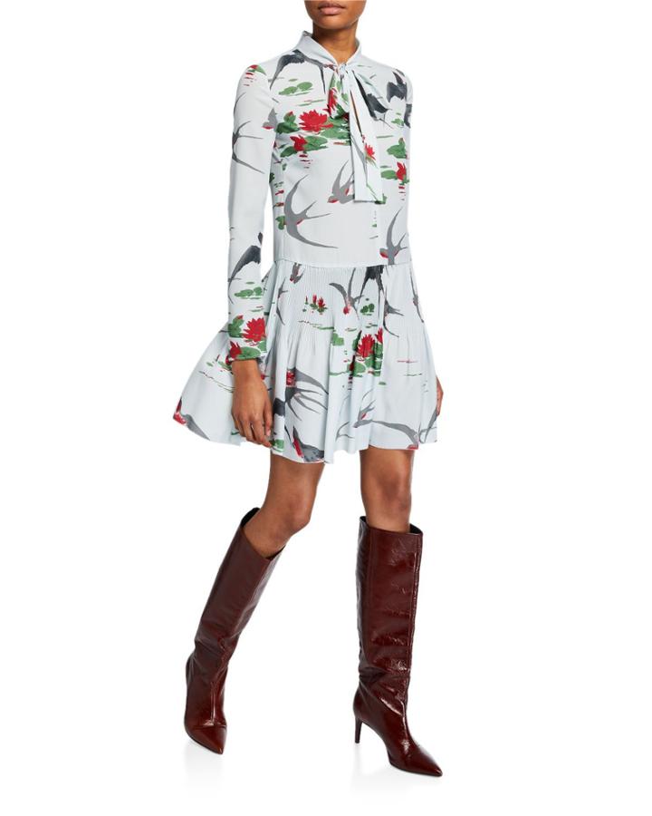 Swallows & Waterlilies Tie-neck Long-sleeve Dress