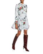 Swallows & Waterlilies Tie-neck Long-sleeve Dress