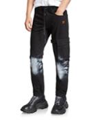 Men's Denim Pants With Bleached Knees & Diagonal