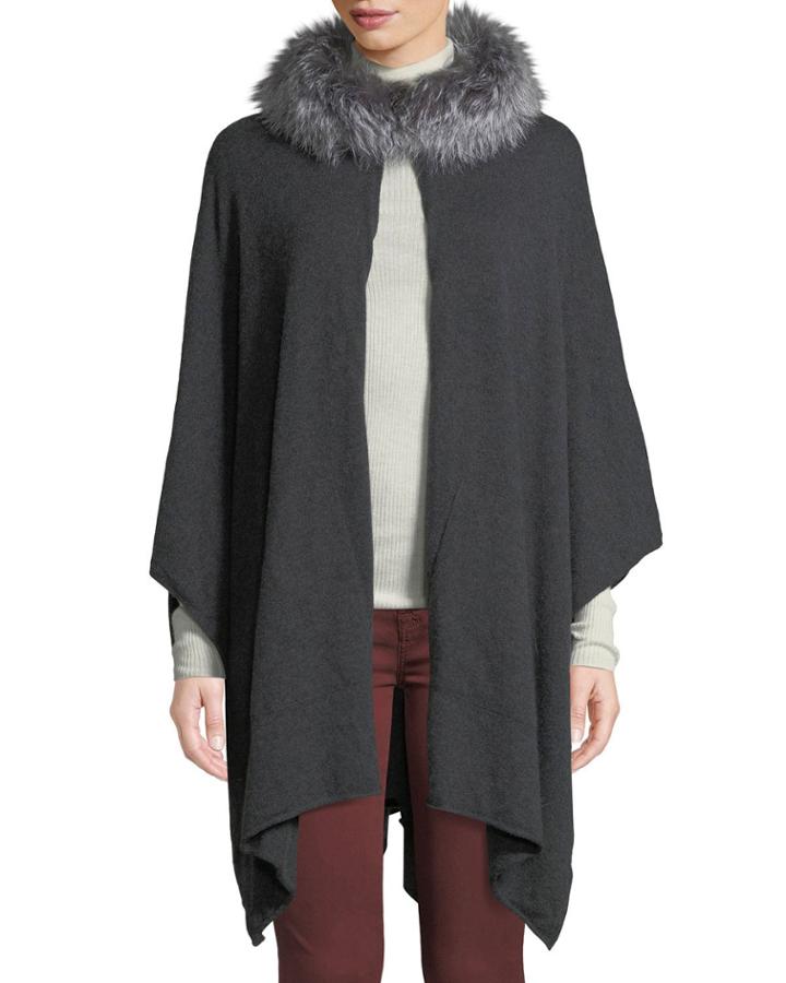 Wool-blend Poncho With Fox Fur Cowl, Gray