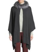 Wool-blend Poncho With Fox Fur Cowl, Gray