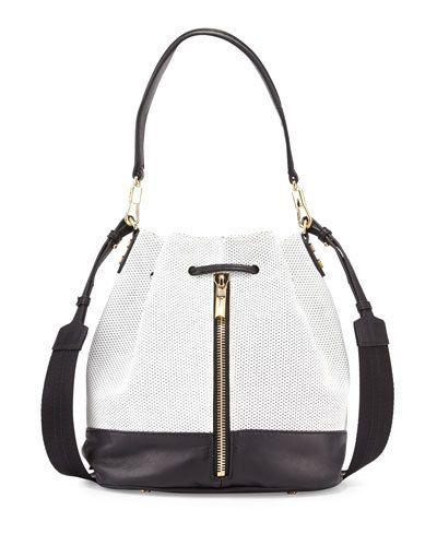 Cynnie Perforated Leather Bucket Bag, White/black