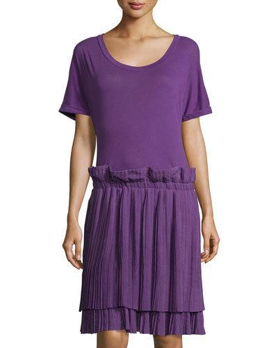 Pleated-skirt Short-sleeve Dress, Purple