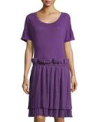 Pleated-skirt Short-sleeve Dress, Purple