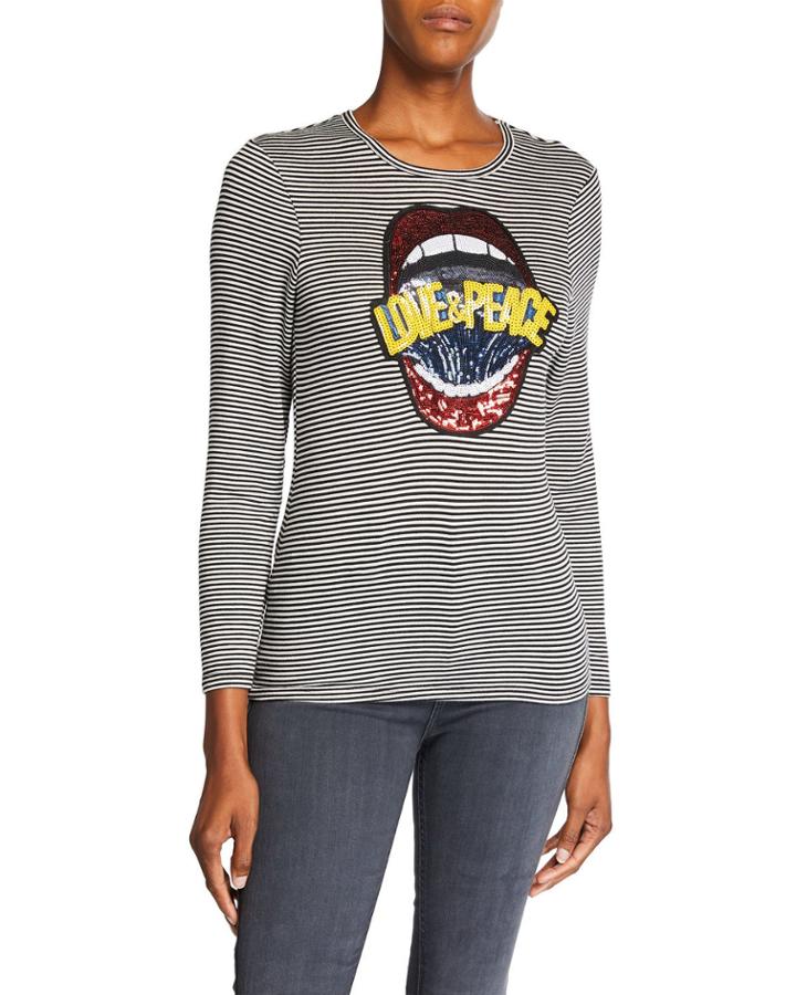 Sequin Love & Peace Striped Long-sleeve Tee