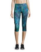 Cobra-print Mesh-panel Capri Leggings, Medieval Blue