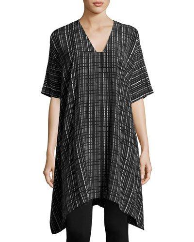 Interlace-print V-neck Silk Poncho Dress, Black/white