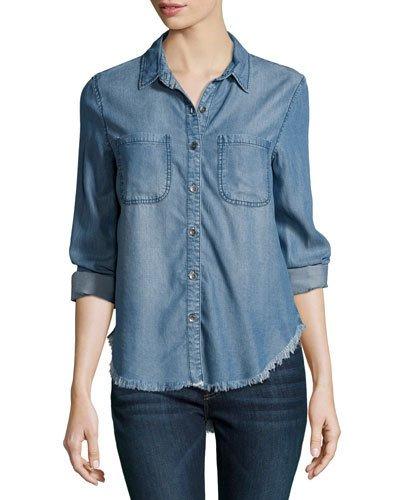 Kenza Long-sleeve Chambray Blouse, Indigo-106