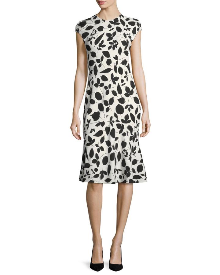 Cap-sleeve Leaf-print Flounce Dress