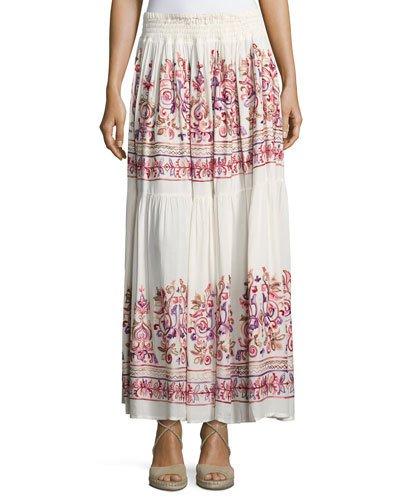 Embroidered Tiered Maxi Skirt, White Pattern