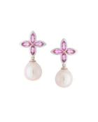 14k Pink Freshwater Pearl & Sapphire Flower Drop Earrings