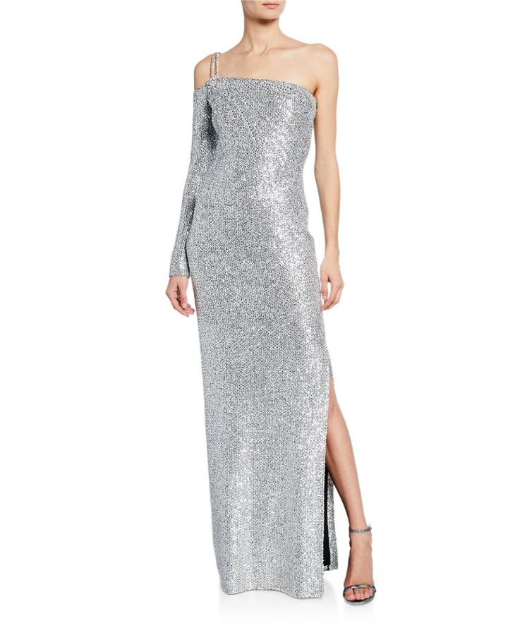 Sequin Knit One-shoulder Statement Gown With Chain Detail