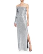 Sequin Knit One-shoulder Statement Gown With Chain Detail