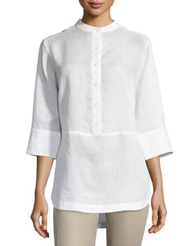 Linen 3/4-sleeve Button-front Tunic, White