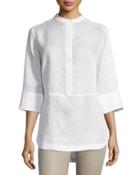 Linen 3/4-sleeve Button-front Tunic, White