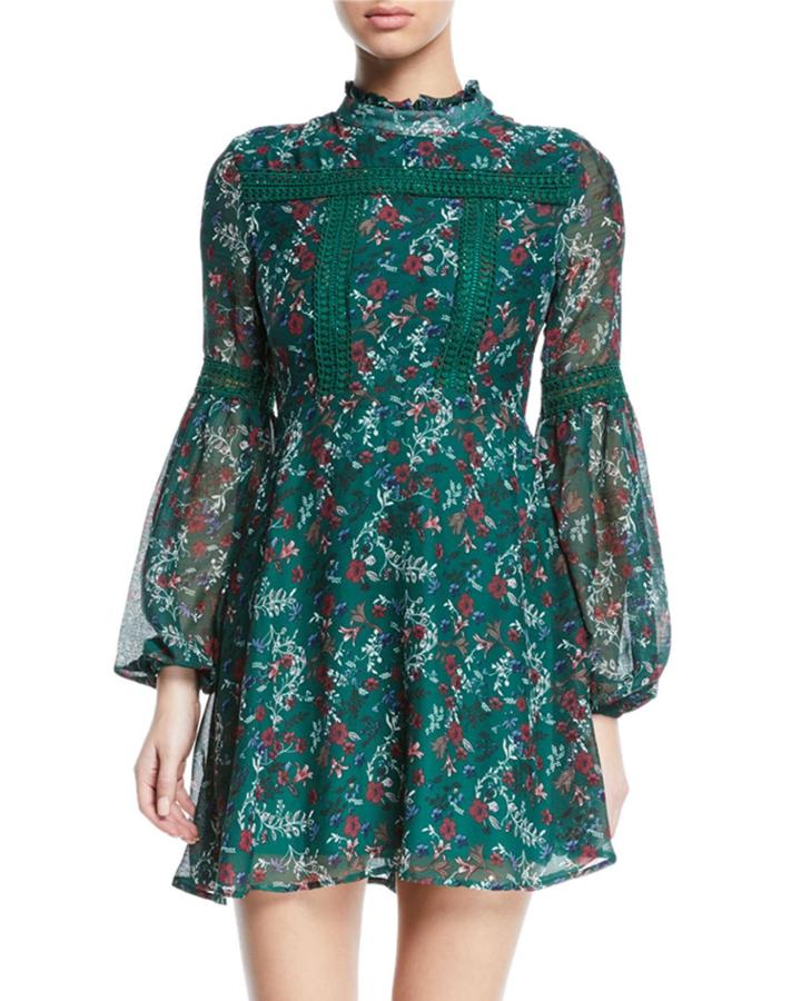 Floral Balloon-sleeve Fit-and-flare Dress