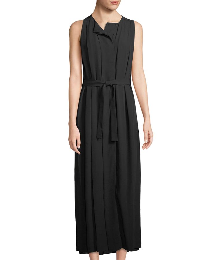 Sleevless Pleated-chiffon Sash-waist Dress