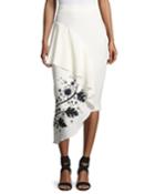 Leaf-embroidered High-waist Cady Skirt, White/black