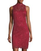 Mock-neck Lace Cocktail Sheath Dress, Red