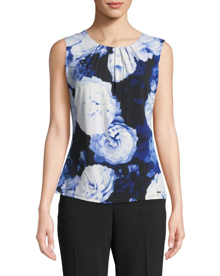 Floral-print Pleat-neck Top
