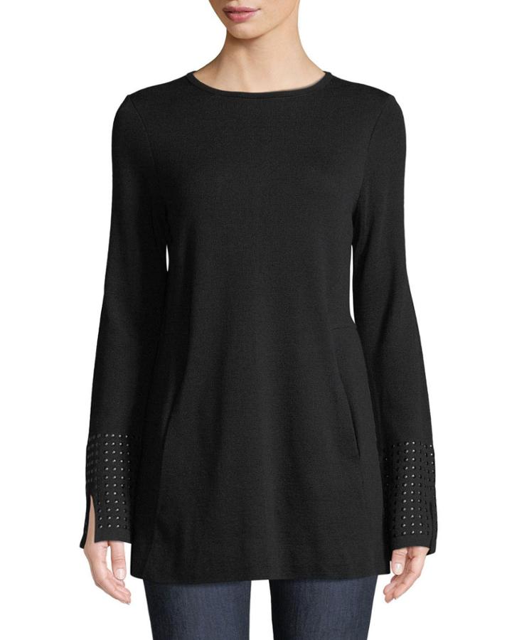 Round-neck Long-sleeve Grommet-cuff Knit Top