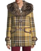 Plaid Coat With Shearling Fur Collar
