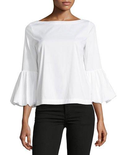 Boat-neck Puffy-sleeve Poplin Top