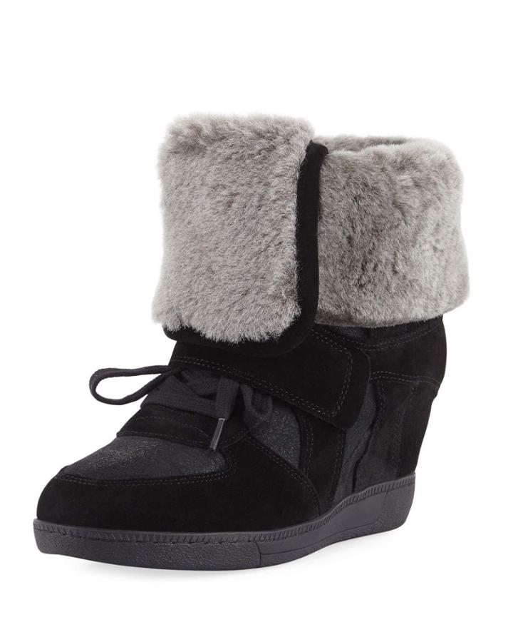 Brendy Wedge Sneakers With Fur Trim, Black
