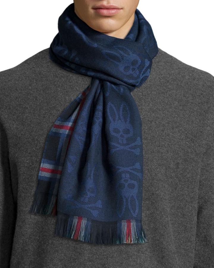 Psycho Bunny Plaid Bunny Fringe Scarf, Navy/red,