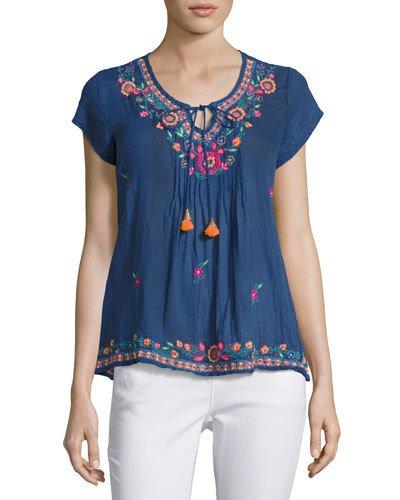 Embroidered V-neck Top, Blue