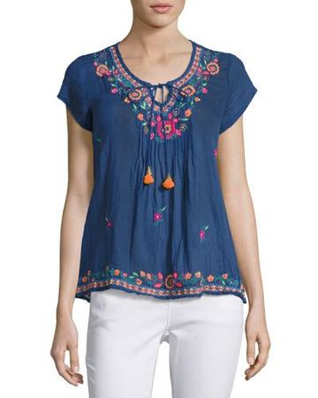 Embroidered V-neck Top, Blue