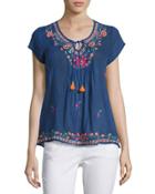 Embroidered V-neck Top, Blue