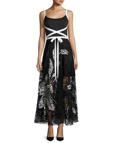 Balance Sleeveless Crepe & Lace Evening Gown, Jet