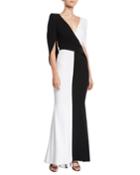 V-neck Cape-back Trumpet Colorblocked Evening Gown