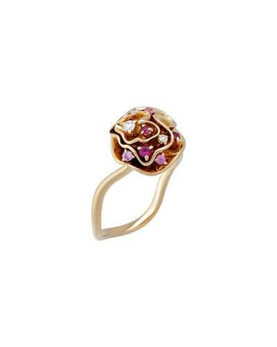 18k Diamond, Ruby & Sapphire Floral Ring,