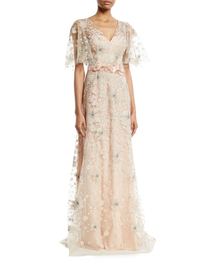 Embroidered Flutter-sleeve Gown