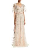 Embroidered Flutter-sleeve Gown