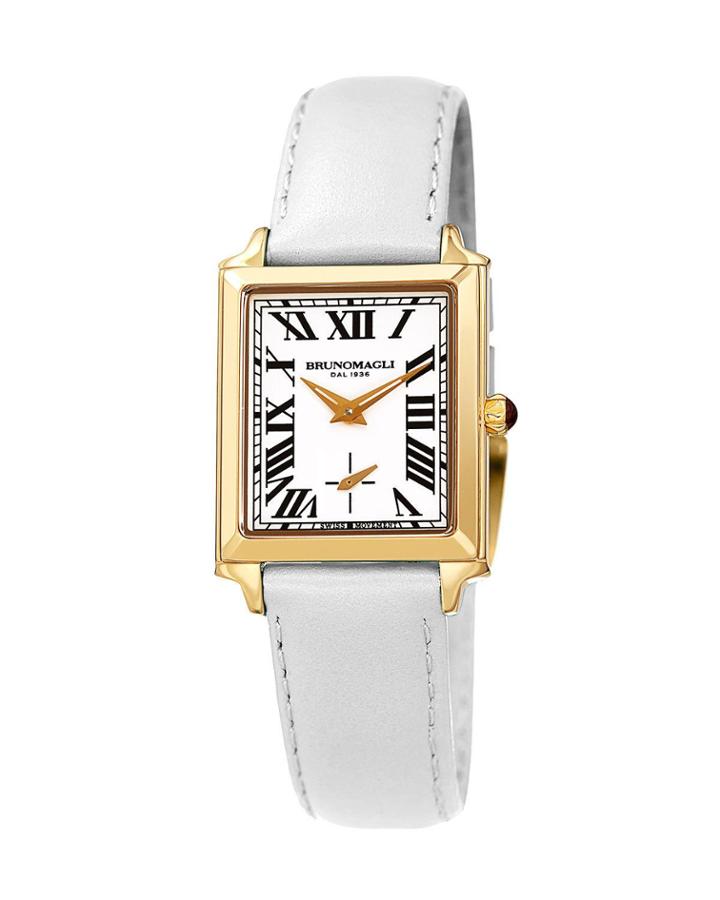 Valentina Rectangular Watch W/ Leather Strap, White/gold
