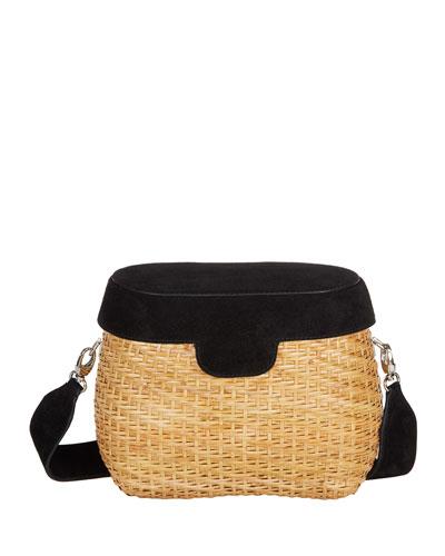 Jane Suede & Straw Basket Crossbody Bag, Black