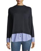 Sweater W/ Woven Shirttail & Cuffs