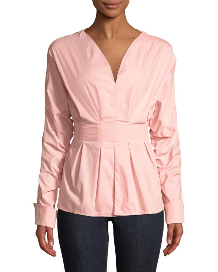 Pleated Poplin Balloon-sleeve Blouse, Blush