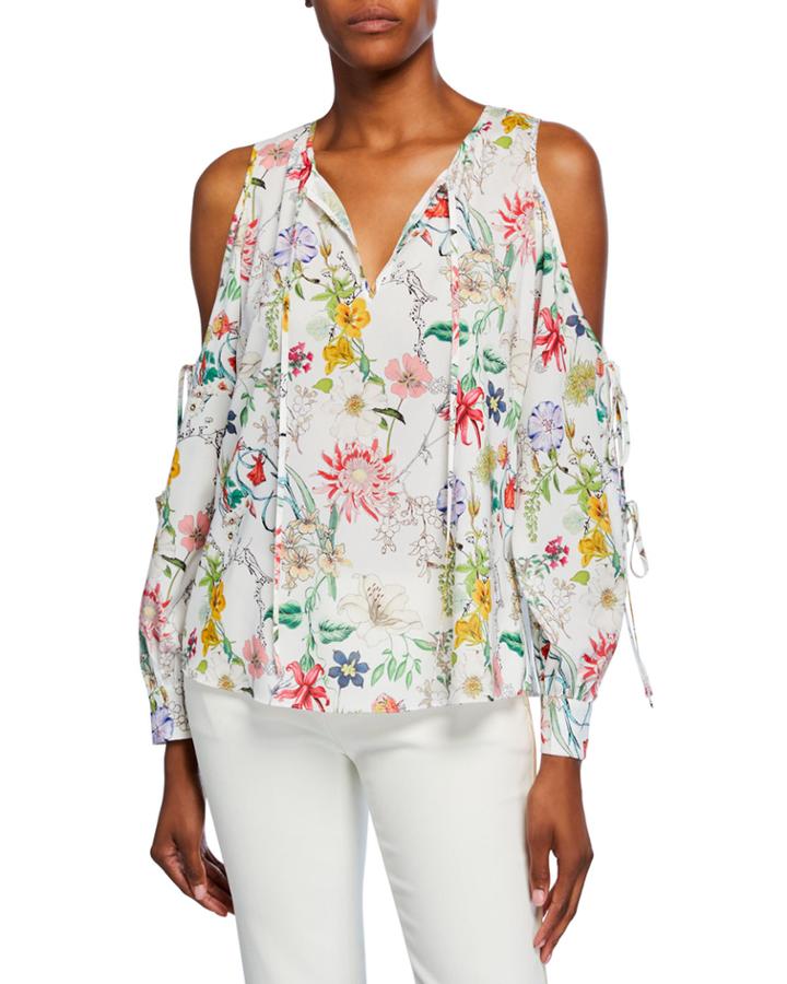 Floral Cold-shoulder Tie-sleeve Blouse