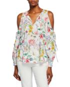 Floral Cold-shoulder Tie-sleeve Blouse